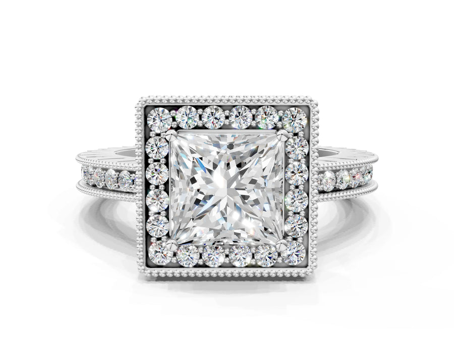 White gold Princess Halo Diamond Engagement Ring with Milgrain Pave Band and Four-Prong Setting