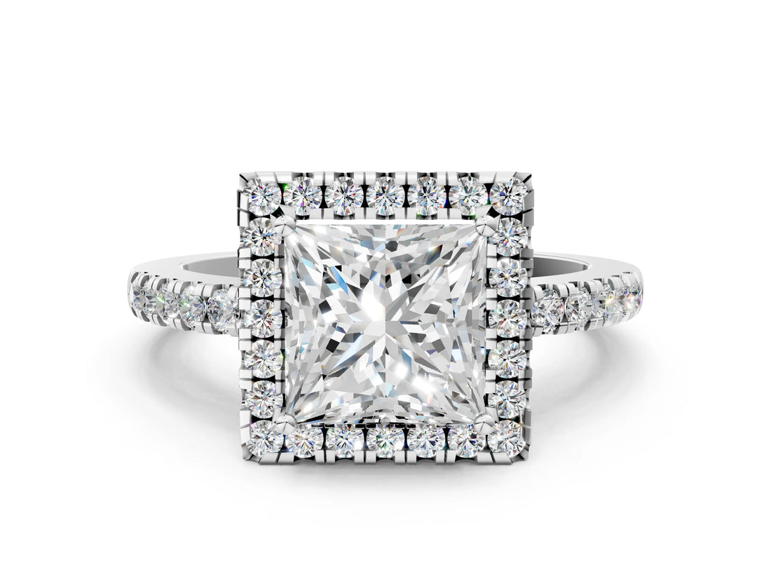 White gold Princess Halo Diamond Engagement Ring with Pavé Band and Four-Prong Setting_93