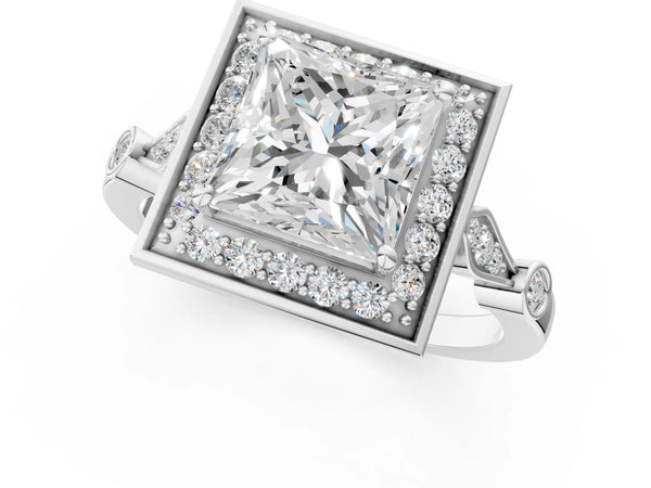 White gold Princess Halo Diamond Engagement Ring with Twisted Band and Four-Prong Setting