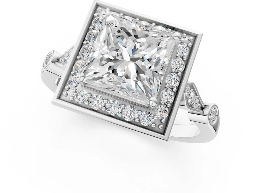 White gold Princess Halo Diamond Engagement Ring with Twisted Band and Four-Prong Setting