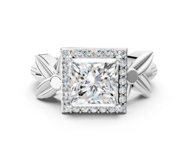 Platinum Princess Cut Halo Engagement Ring Setting with Floral Leaf Shoulders