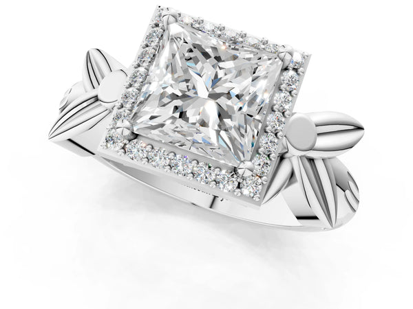 Platinum Princess Cut Halo Engagement Ring Setting with Floral Leaf Shoulders