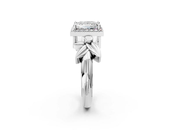 Platinum Princess Cut Halo Engagement Ring Setting with Floral Leaf Shoulders