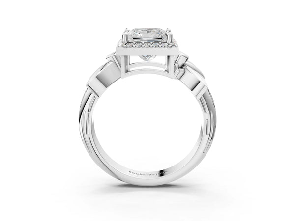 Platinum Princess Cut Halo Engagement Ring Setting with Floral Leaf Shoulders