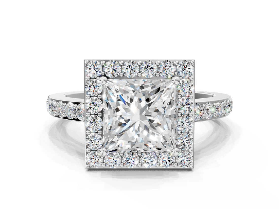 White gold Princess Halo Diamond Pavé Band Ring with Prong Setting_20