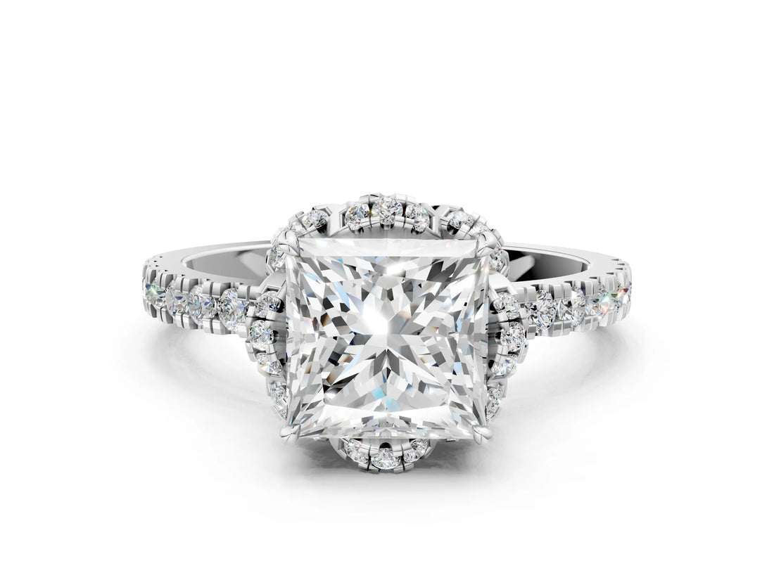 White gold Princess Halo Diamond Pave Band Ring with Four-Prong Setting_15