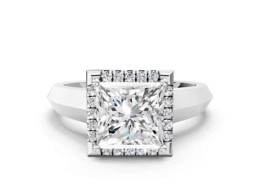 White gold Princess Halo Diamond Ring with Cathedral Band and Four-Prong Setting