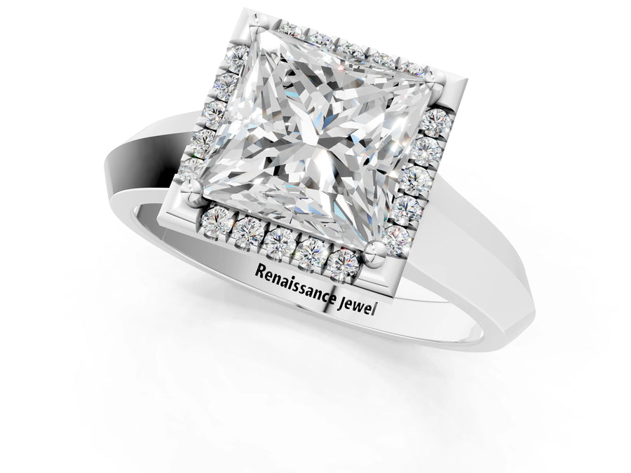 White gold Princess Halo Diamond Ring with Cathedral Band and Four-Prong Setting