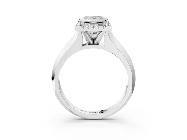 White gold Princess Halo Diamond Ring with Cathedral Band and Four-Prong Setting
