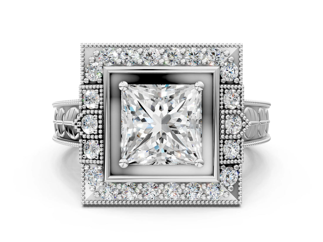 White gold Princess Halo Diamond Ring with Milgrain Bezel and Prong Setting_6