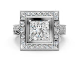 White gold Princess Halo Diamond Ring with Milgrain Bezel and Prong Setting_6