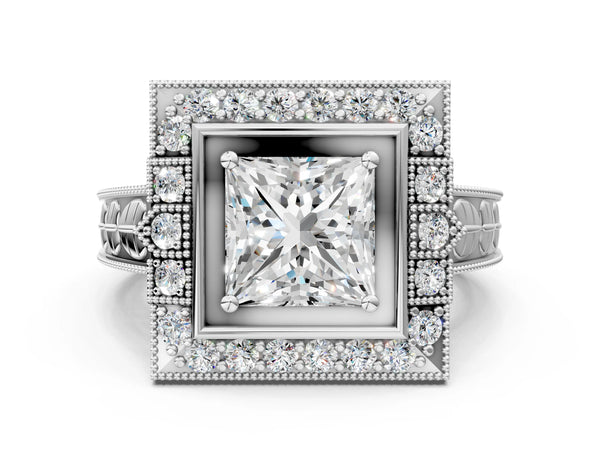 White gold Princess Halo Diamond Ring with Milgrain Bezel and Prong Setting