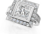 White gold Princess Halo Diamond Ring with Milgrain Bezel and Prong Setting_7