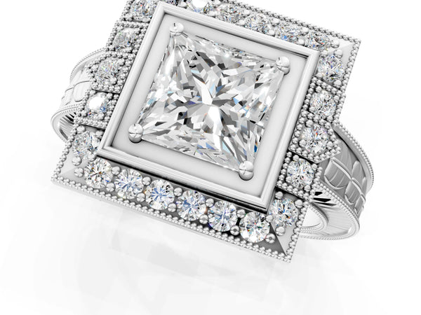 White gold Princess Halo Diamond Ring with Milgrain Bezel and Prong Setting