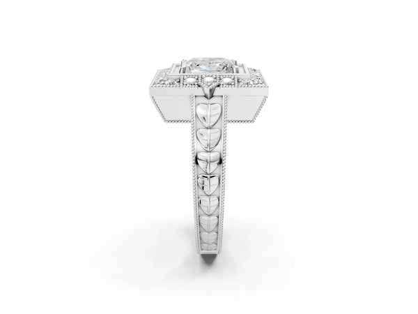 White gold Princess Halo Diamond Ring with Milgrain Bezel and Prong Setting
