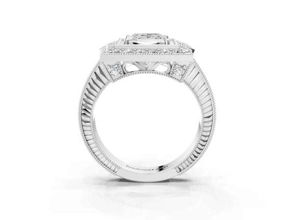 White gold Princess Halo Diamond Ring with Milgrain Bezel and Prong Setting