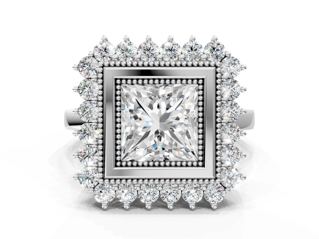 White gold Princess Halo Diamond Ring with Milgrain Edge and Round Prong Setting_26