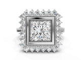White gold Princess Halo Diamond Ring with Milgrain Edge and Round Prong Setting_26