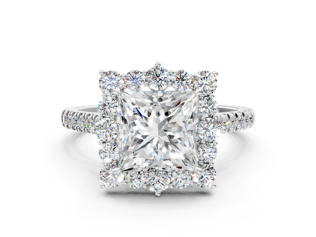 White gold Princess Halo Diamond Ring with Pavé Band and Prong Setting_24