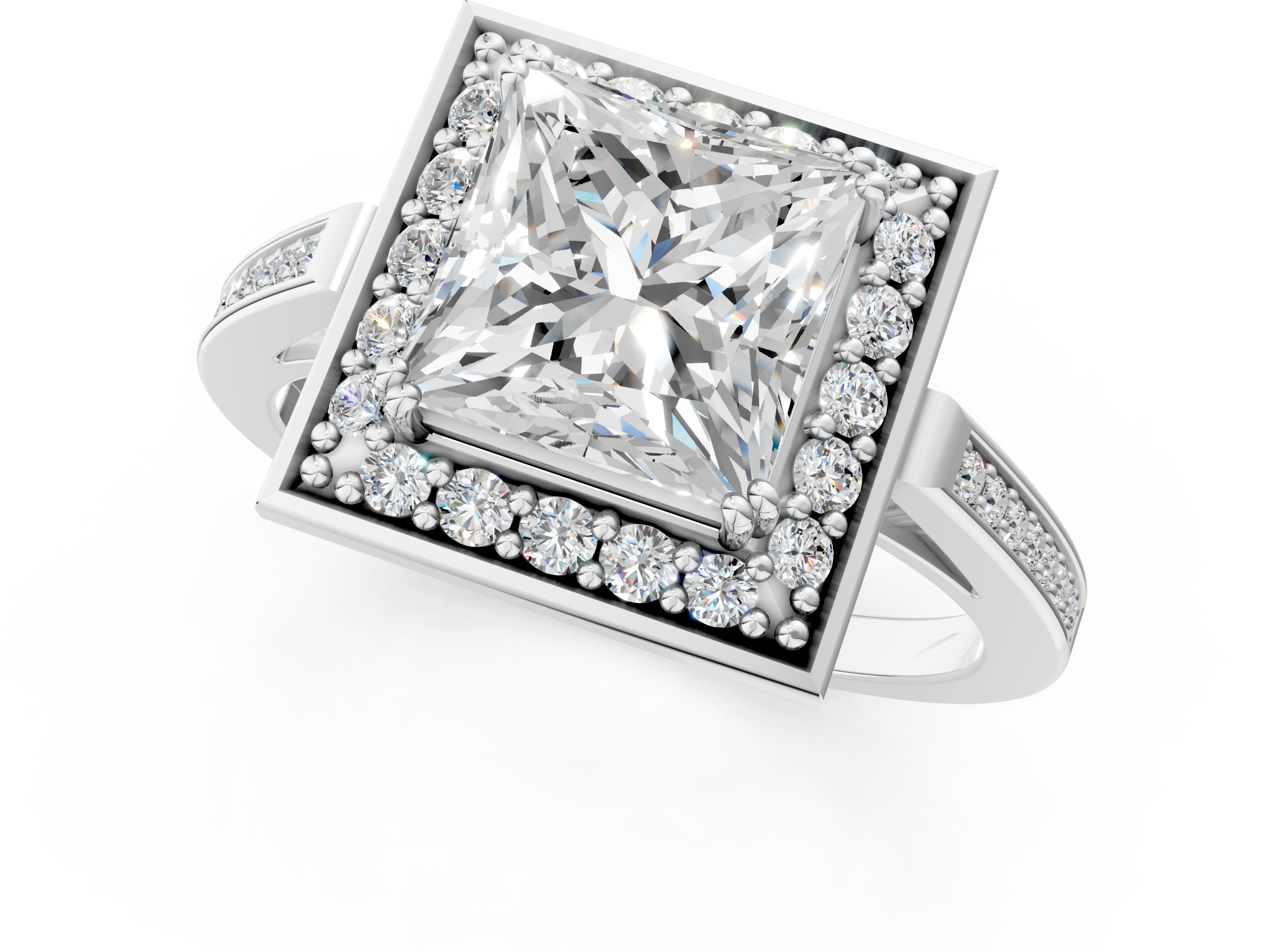 White gold Princess Halo Diamond Ring with Split Shank and Four-Prong Setting_56