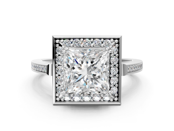 White gold Princess Cut Diamond Halo Ring with Split Shank and Four-Prong Setting