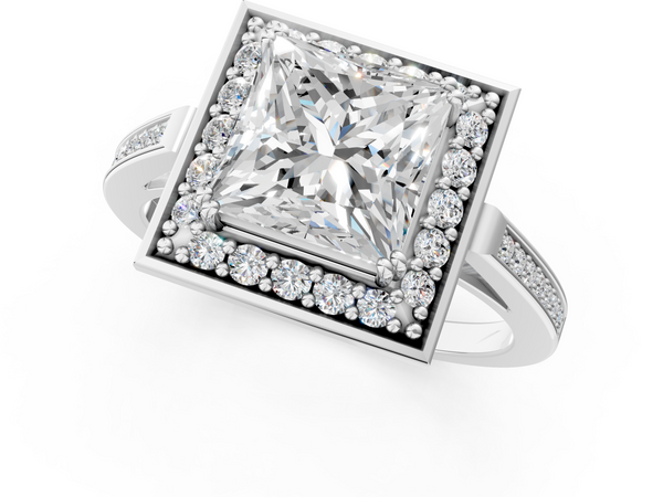 White gold Princess Cut Diamond Halo Ring with Split Shank and Four-Prong Setting