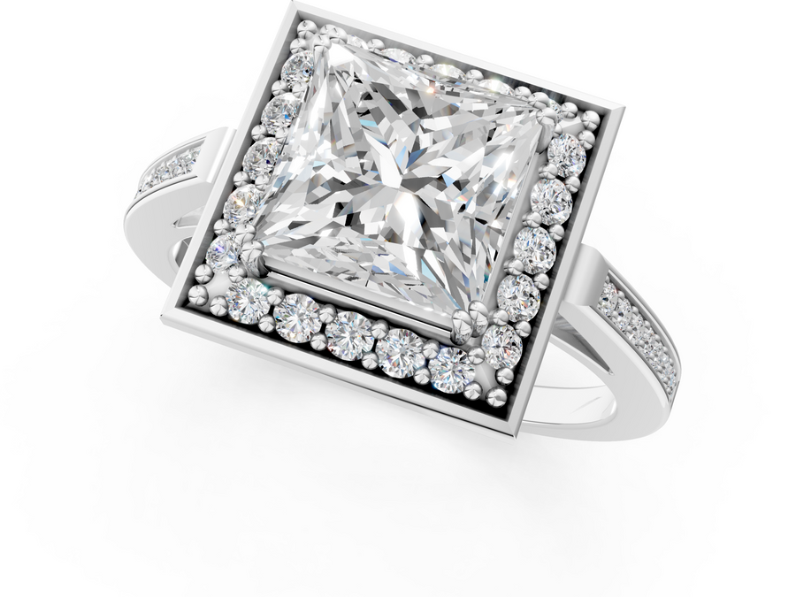 White gold Princess Cut Diamond Halo Ring with Split Shank and Four-Prong Setting