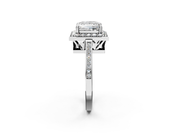 White gold Princess Cut Diamond Halo Ring with Split Shank and Four-Prong Setting