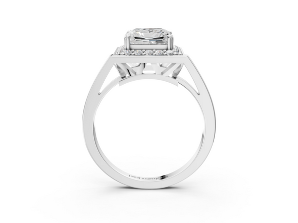 White gold Princess Cut Diamond Halo Ring with Split Shank and Four-Prong Setting