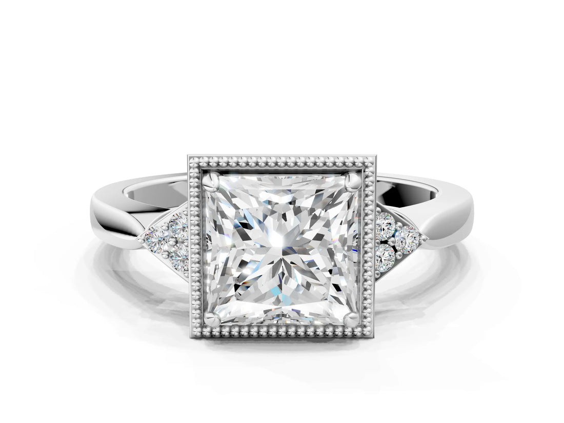 White gold Princess Halo Diamond Ring with Tapered Band and Four-Prong Setting_15