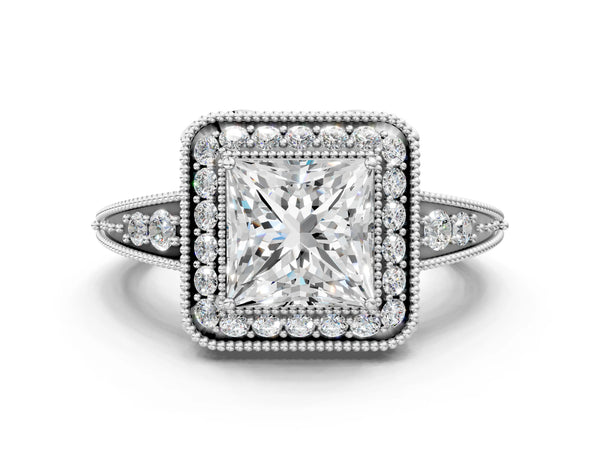 Platinum Princess Cut Vintage Halo Engagement Ring Setting with Tapered Pave Band and Milgrain