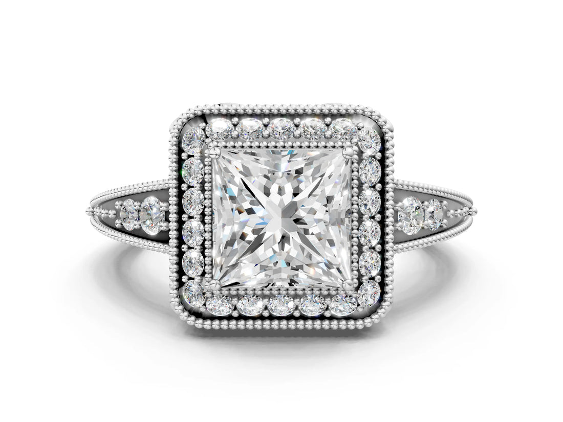 White gold Princess Halo Diamond Split Shank Ring with Milgrain Detail_49