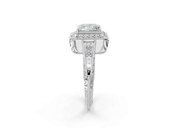 Platinum Princess Cut Vintage Halo Engagement Ring Setting with Tapered Pave Band and Milgrain