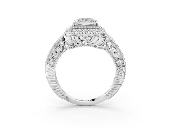 Platinum Princess Cut Vintage Halo Engagement Ring Setting with Tapered Pave Band and Milgrain