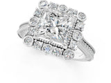 White gold Princess Halo Milgrain Pave Diamond Ring with Four-Prong Setting 1