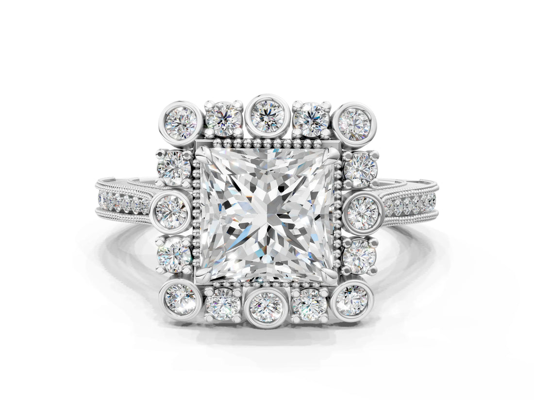 White gold Princess Halo Milgrain Pave Diamond Ring with Four-Prong Setting