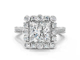 White gold Princess Halo Milgrain Pave Diamond Ring with Four-Prong Setting