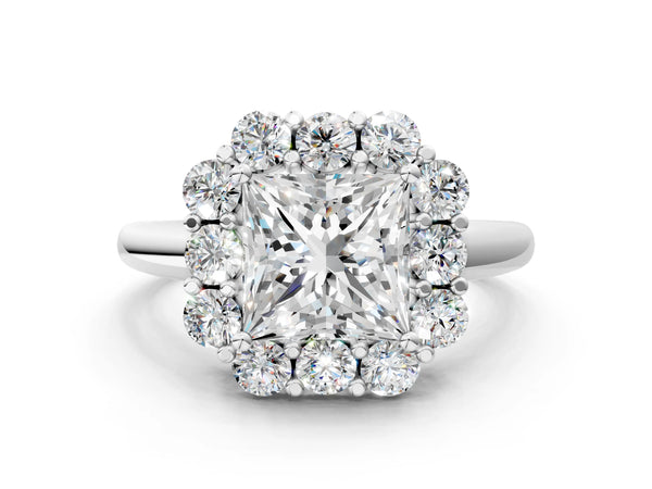 White gold Princess Halo Milgrain Solitaire with Bezel Set Side Stones and Pave Band