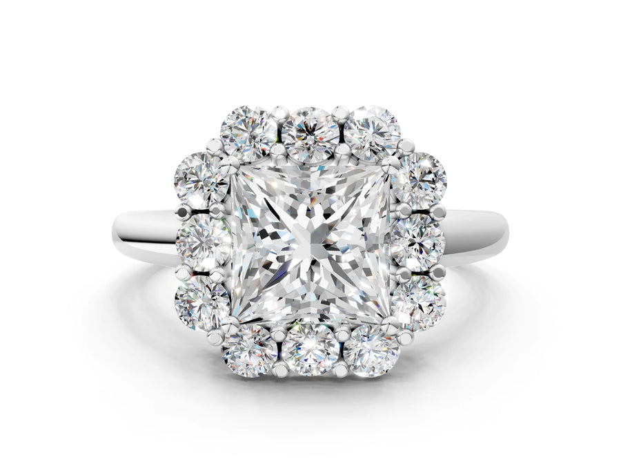 White gold Princess Halo Milgrain Solitaire with Bezel Set Side Stones and Pave Band