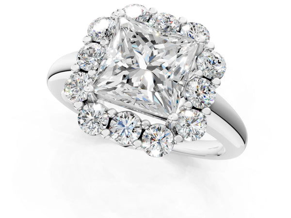 White gold Princess Halo Milgrain Solitaire with Bezel Set Side Stones and Pave Band