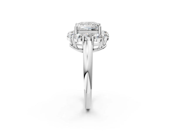White gold Princess Halo Milgrain Solitaire with Bezel Set Side Stones and Pave Band