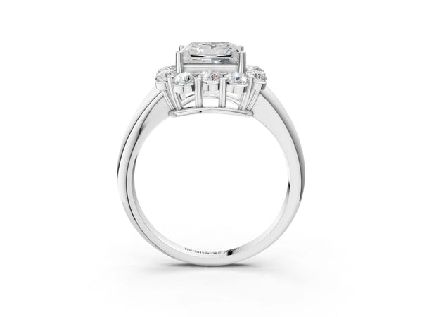 White gold Princess Halo Milgrain Solitaire with Bezel Set Side Stones and Pave Band