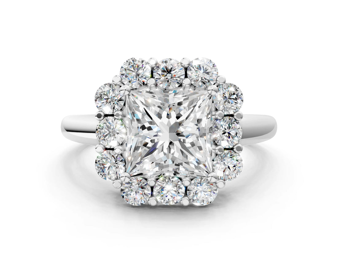 White gold Princess Halo Milgrain Solitaire with Bezel Set Side Stones and Pave Band_90