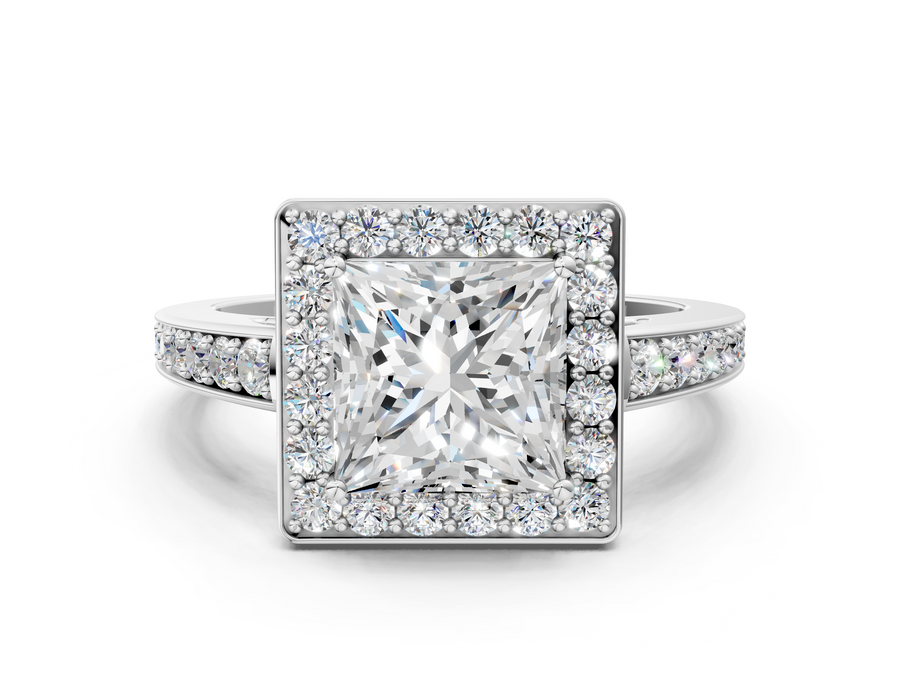 White gold Princess Halo Pavé Diamond Engagement Ring with Bezel Setting