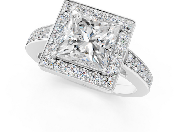 White gold Princess Halo Pavé Diamond Engagement Ring with Bezel Setting