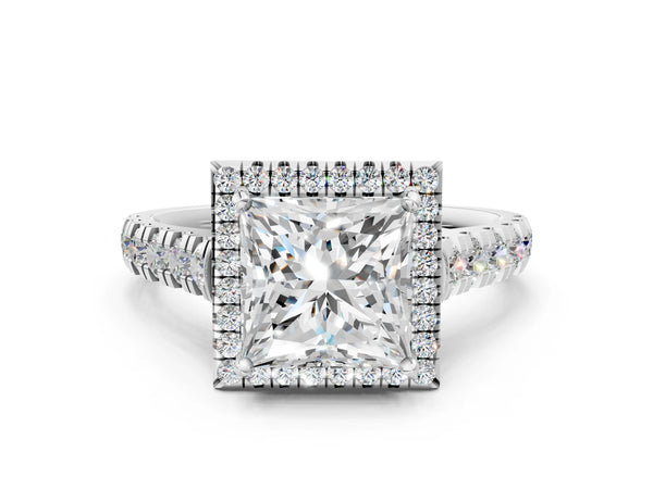Platinum Princess Cut Halo Engagement Ring Setting with Accented Shoulders and Bezel Gallery Accents
