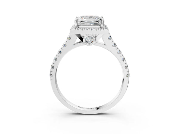 Platinum Princess Cut Halo Engagement Ring Setting with Accented Shoulders and Bezel Gallery Accents