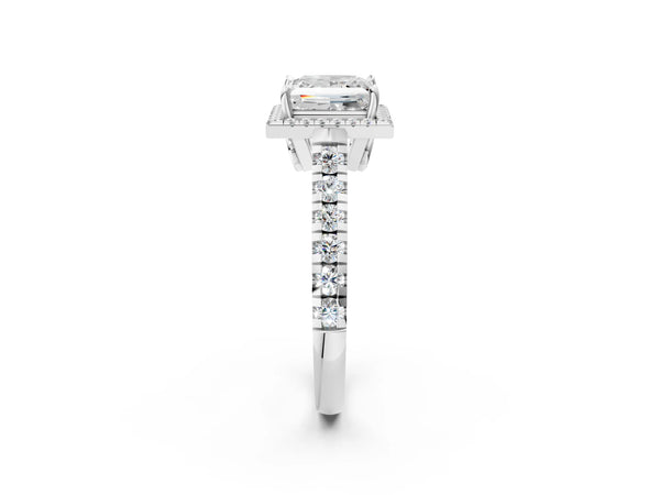 White Gold Princess Cut Halo Engagement Ring Setting with Accented Shoulders and Bezel Gallery Accents
