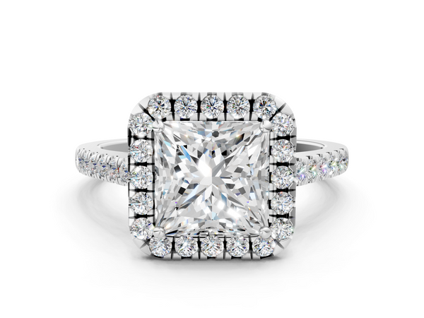 White gold Princess Halo Pavé Diamond Engagement Ring with Four-Prong Setting