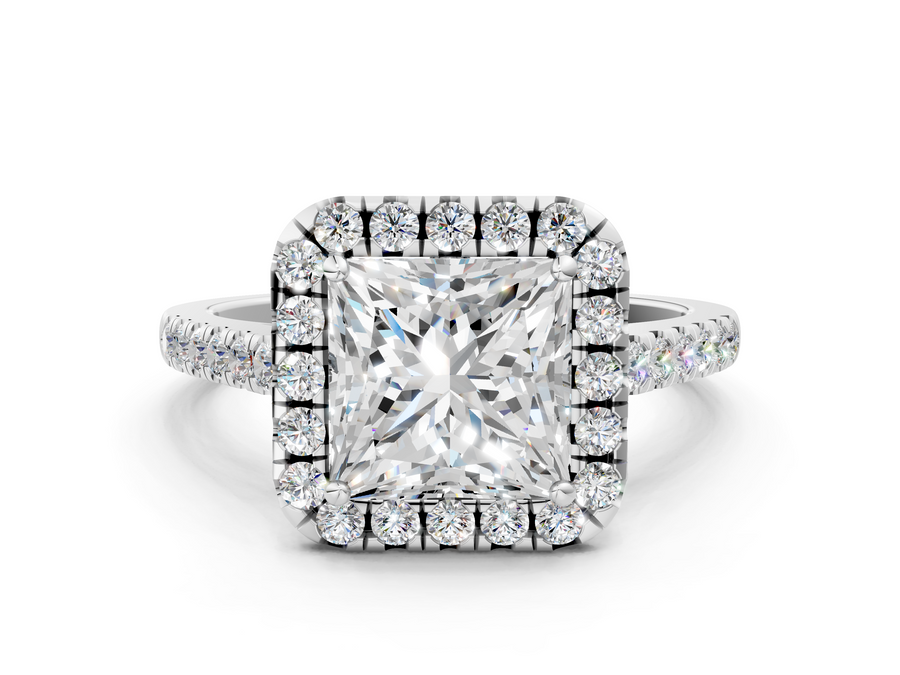 White gold Princess Halo Pavé Diamond Engagement Ring with Four-Prong Setting